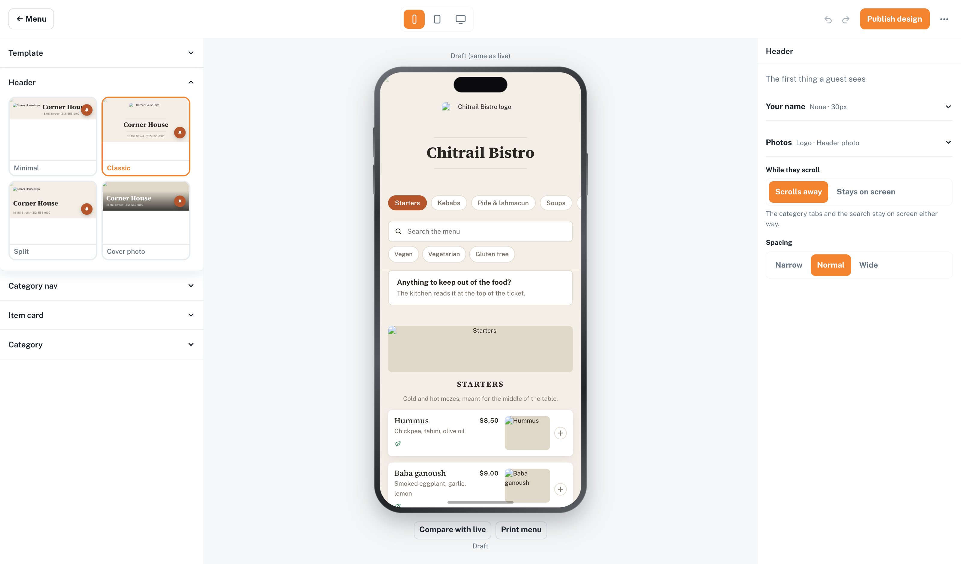 The design tool with item card variants, a live preview and the inspector