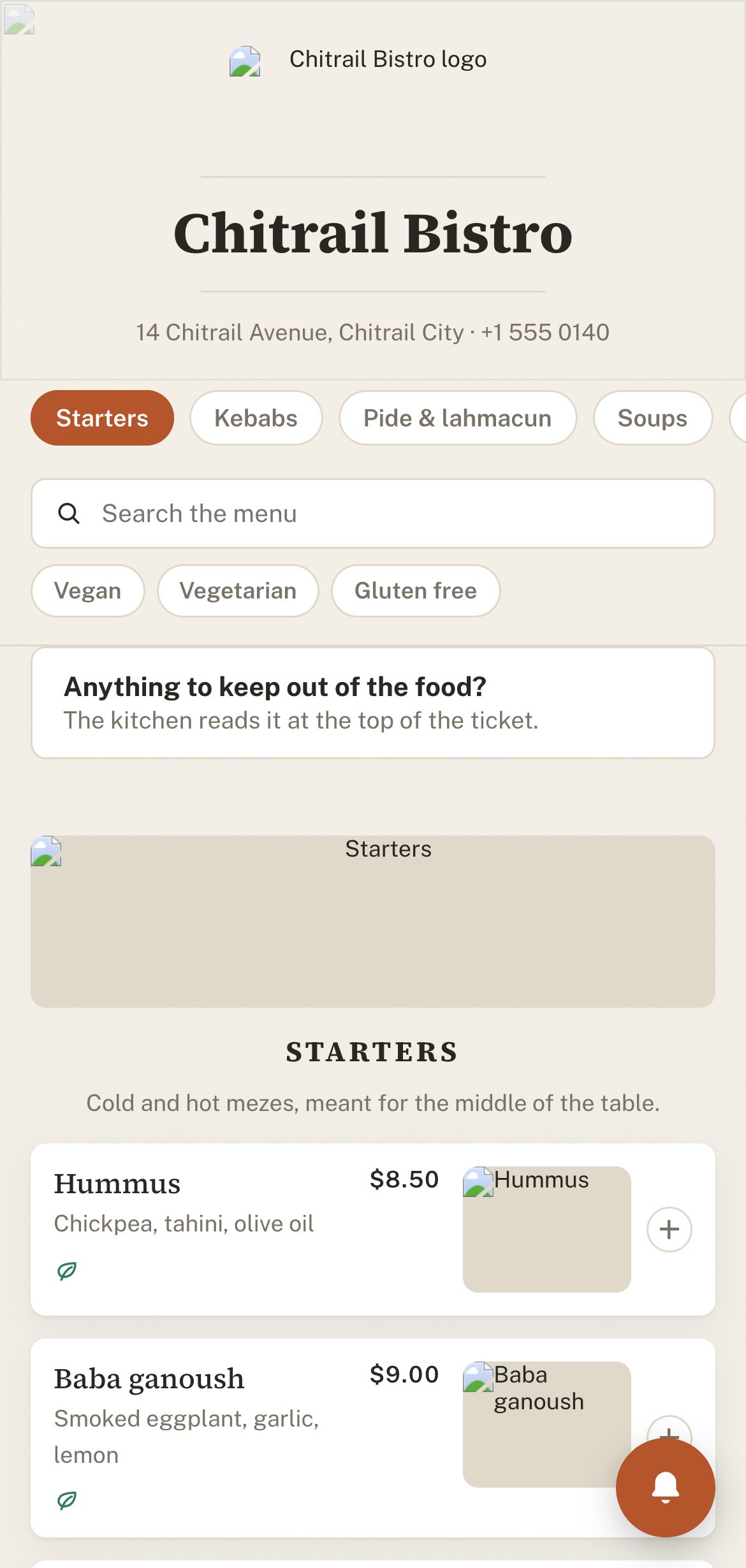 The guest menu on a phone