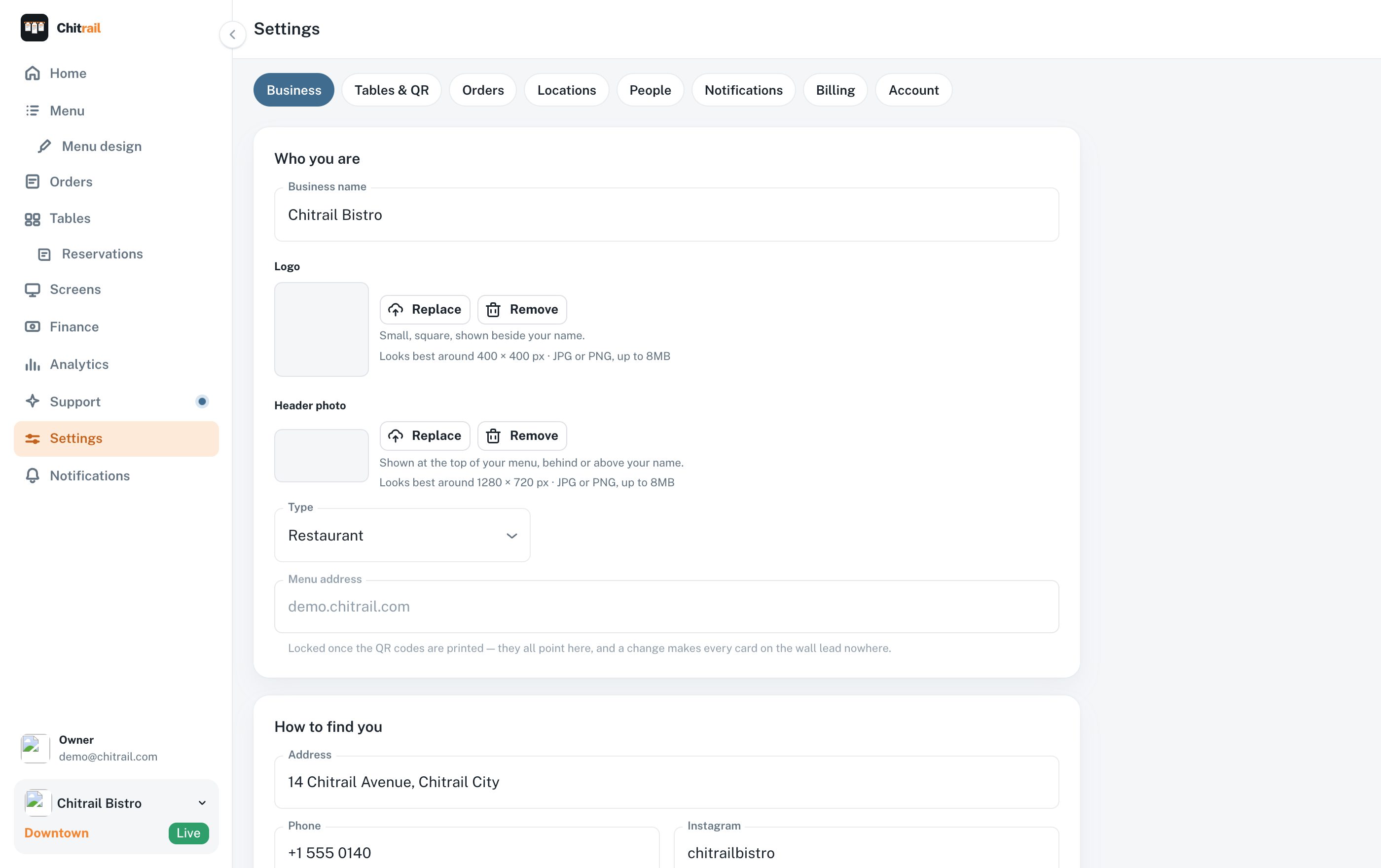 The settings screen
