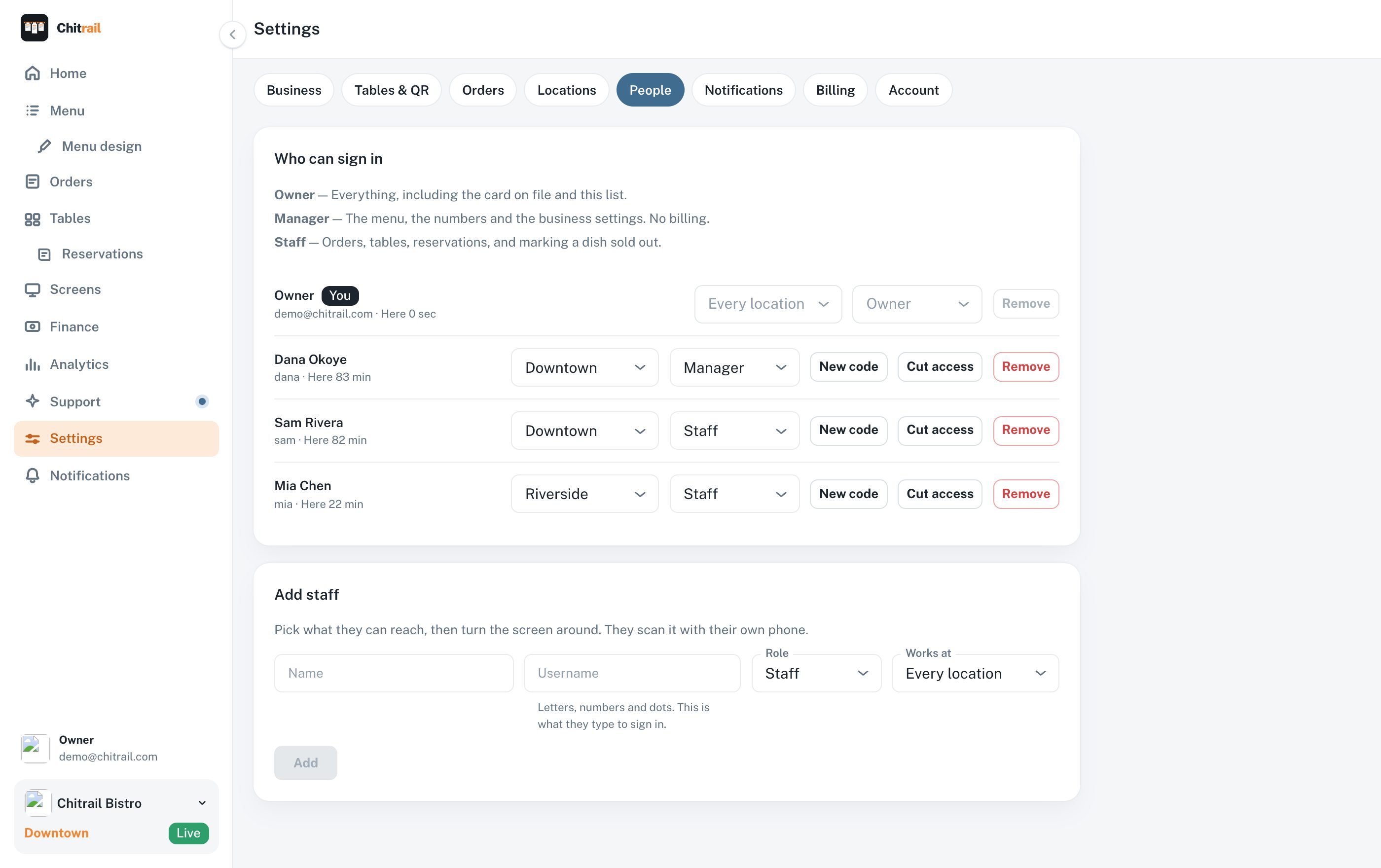 The people screen with roles, locations and join codes